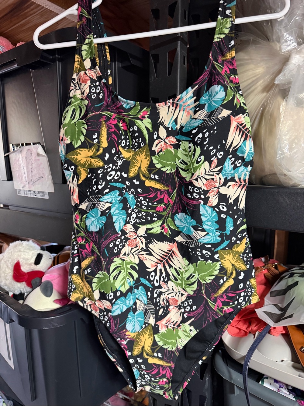 OP Black One-Piece Swimsuit with Tropical Leaf Print Small